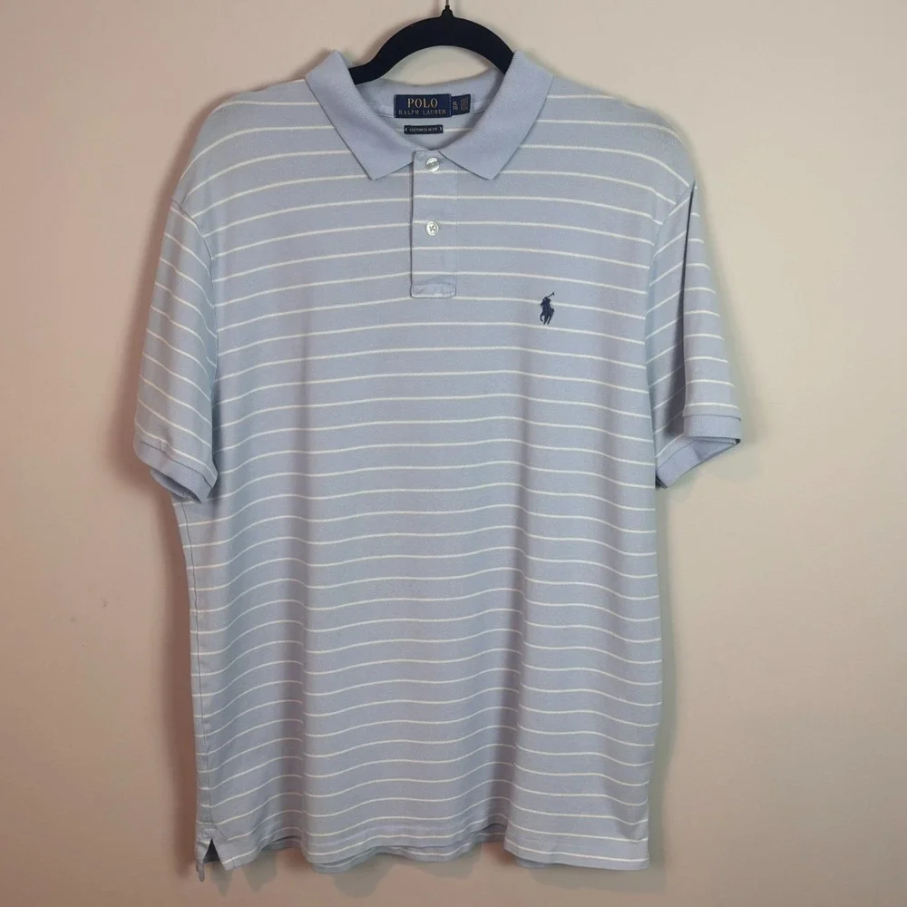 Polo Ralph Lauren Mens Blue White Striped Custom Slit Fit Short Sleeve Polo XL